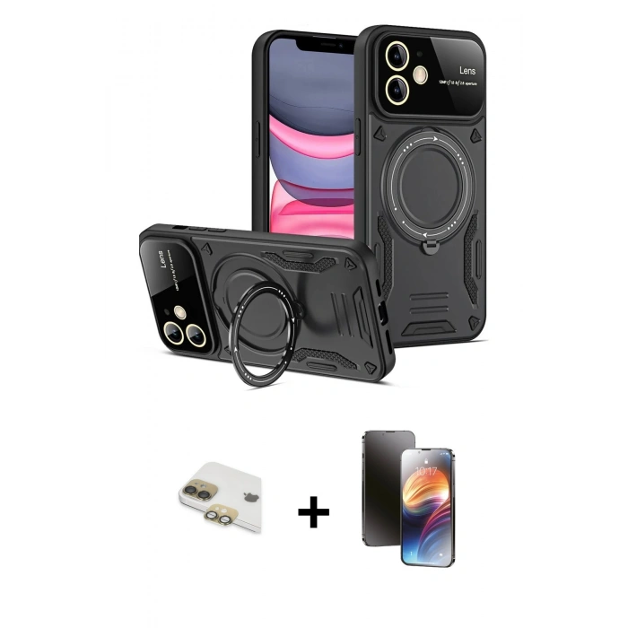 MARSİLYAN™- iPhone 11 Kılıf Kıvılcım Modern Serisi - Siyah 3D Antistatik Mat Seramik Nano Ekran Koruyucu + Gold Pers Alüminyum Kamera Lens