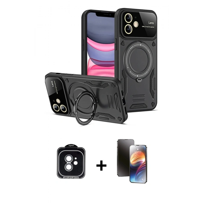 MARSİLYAN™- iPhone 11 Kılıf Kıvılcım Modern Serisi - Siyah 3D Antistatik Mat Seramik Nano Ekran Koruyucu + PVD Metal Kamera Lens - YL