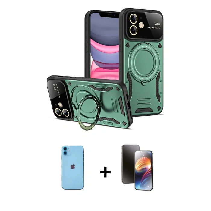 MARSİLYAN™- iPhone 11 Kılıf Kıvılcım Modern Serisi - Siyah 3D Antistatik Mat Seramik Nano Ekran Koruyucu + Neon Fosforlu Kamera Lens - MI