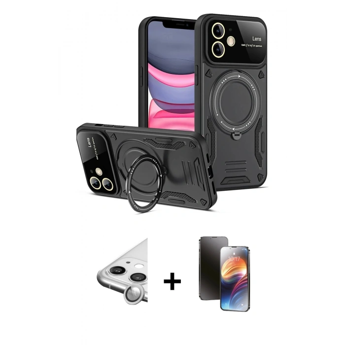 MARSİLYAN™- iPhone 11 Kılıf Kıvılcım Modern Serisi - Siyah 3D Antistatik Mat Seramik Nano Ekran Koruyucu + Raze Metal Kamera Lens - GS