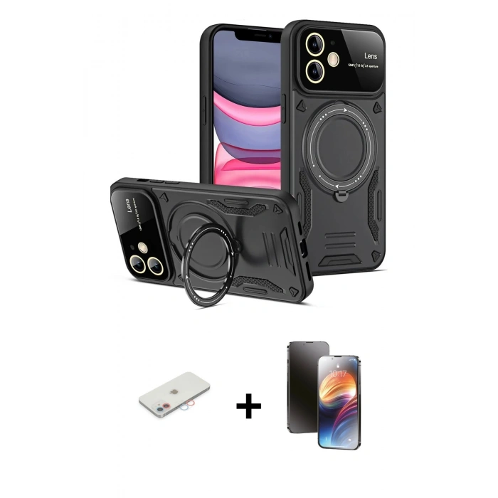 MARSİLYAN™- iPhone 11 Kılıf Kıvılcım Modern Serisi - Siyah 3D Antistatik Mat Seramik Nano Ekran Koruyucu + Pembe Renkli Kamera Lens Koruma Cam
