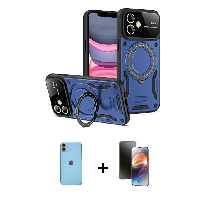 MARSİLYAN™- iPhone 11 Kılıf Kıvılcım Modern Serisi - Siyah 3D Antistatik Mat Seramik Nano Ekran Koruyucu + Neon Fosforlu Kamera Lens - TU