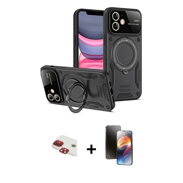 MARSİLYAN™- iPhone 11 Kılıf Kıvılcım Modern Serisi - Siyah 3D Antistatik Mat Seramik Nano Ekran Koruyucu + Kırmızı Pers Alüminyum Kamera Lens