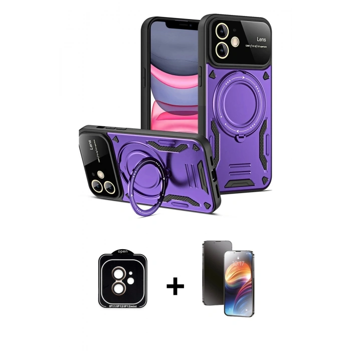 MARSİLYAN™- iPhone 11 Kılıf Kıvılcım Modern Serisi - Siyah 3D Antistatik Mat Seramik Nano Ekran Koruyucu + Turuncu PVD Metal Kamera Lens