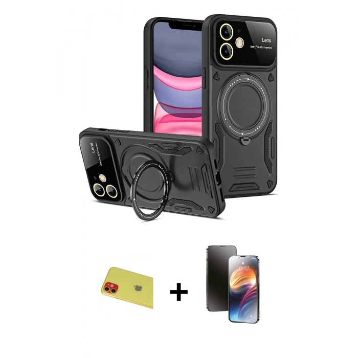 MARSİLYAN™- iPhone 11 Kılıf Kıvılcım Modern Serisi - Siyah 3D Antistatik Mat Seramik Nano Ekran Koruyucu + Rainbow Kamera Lens Koruma Cam - KI