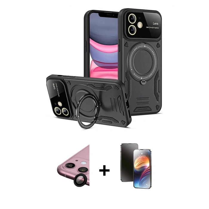 MARSİLYAN™- iPhone 11 Kılıf Kıvılcım Modern Serisi - Siyah 3D Antistatik Mat Seramik Nano Ekran Koruyucu + Raze Metal Kamera Lens - SH