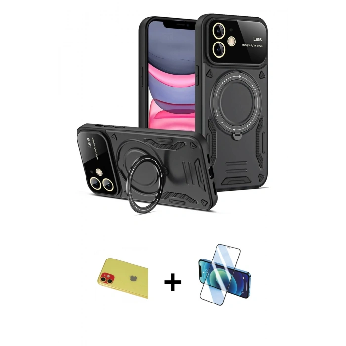 MARSİLYAN™- iPhone 11 Kılıf Kıvılcım Modern Serisi - Siyah 3D Antistatik Seramik Nano Ekran Koruyucu + Rainbow Kamera Lens Koruma Cam - KI