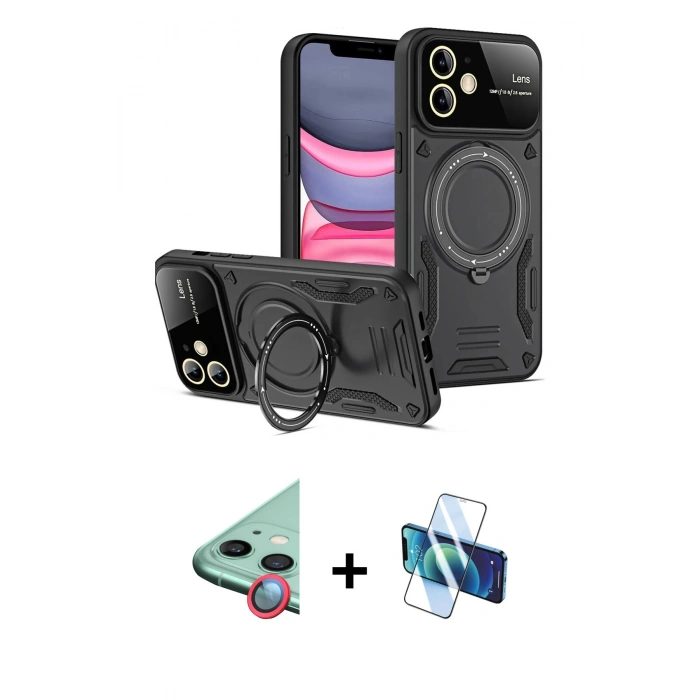 MARSİLYAN™- iPhone 11 Kılıf Kıvılcım Modern Serisi - Siyah 3D Antistatik Seramik Nano Ekran Koruyucu + Raze Metal Kamera Lens - KI