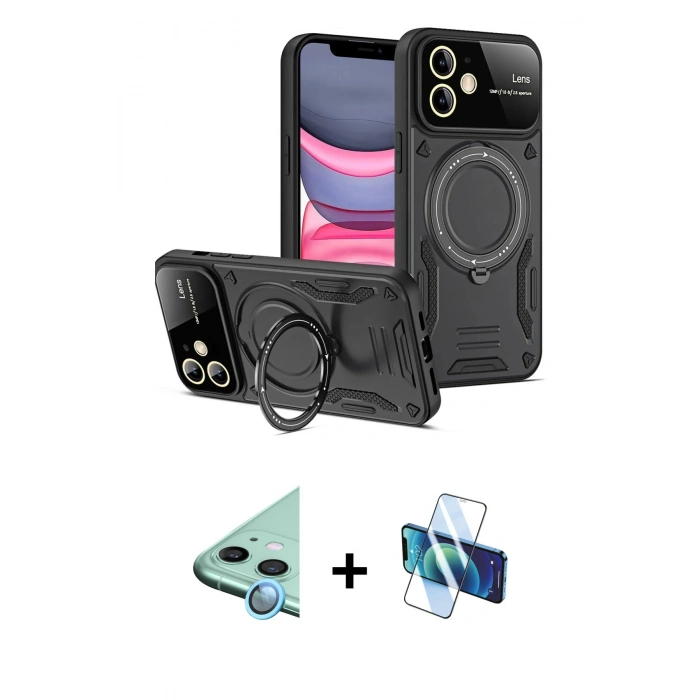 MARSİLYAN™- iPhone 11 Kılıf Kıvılcım Modern Serisi - Siyah 3D Antistatik Seramik Nano Ekran Koruyucu + Raze Metal Kamera Lens - MI