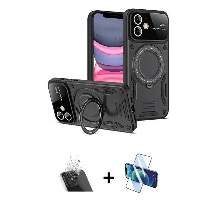 MARSİLYAN™- iPhone 11 Kılıf Kıvılcım Modern Serisi - Siyah 3D Antistatik Seramik Nano Ekran Koruyucu + Şeffaf Kamera Lens Koruma Cam