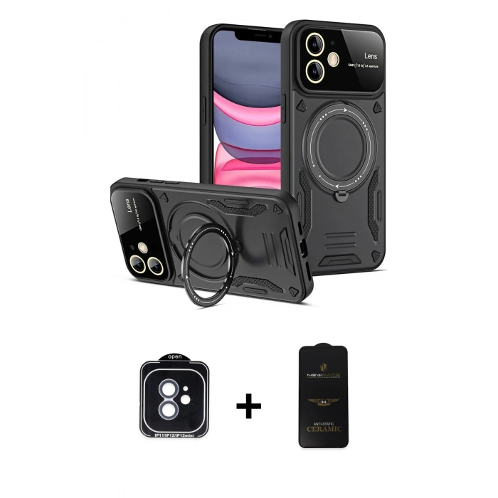 MARSİLYAN™- iPhone 11 Kılıf Kıvılcım Modern Serisi - Siyah 6D Antistatik Mat Seramik Hayalet Nano Ekran Koruyucu + PVD Metal Kamera Lens - MI