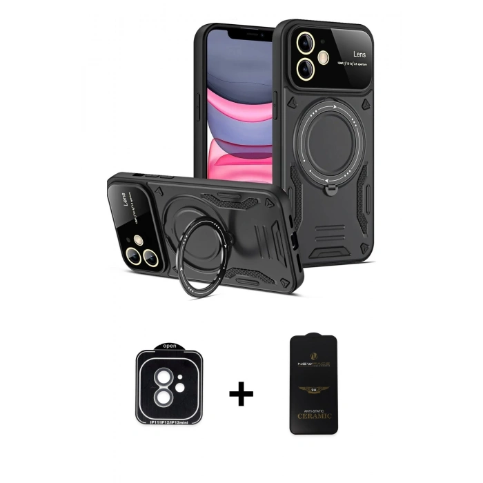 MARSİLYAN™- iPhone 11 Kılıf Kıvılcım Modern Serisi - Siyah 6D Antistatik Mat Seramik Hayalet Nano Ekran Koruyucu + PVD Metal Kamera Lens - YL