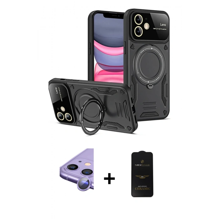 MARSİLYAN™- iPhone 11 Kılıf Kıvılcım Modern Serisi - Siyah 6D Antistatik Mat Seramik Hayalet Nano Ekran Koruyucu + Raze Metal Kamera Lens - MR