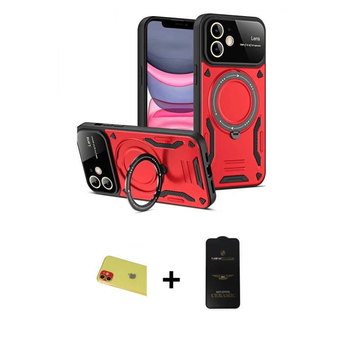 MARSİLYAN™- iPhone 11 Kılıf Kıvılcım Modern Serisi - Siyah 6D Antistatik Mat Seramik Hayalet Nano Ekran Koruyucu + Kırmızı Rainbow Kamera Lens Koruma Cam