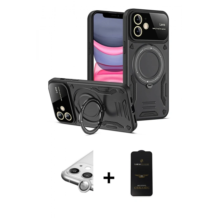 MARSİLYAN™- iPhone 11 Kılıf Kıvılcım Modern Serisi - Siyah 6D Antistatik Mat Seramik Hayalet Nano Ekran Koruyucu + Raze Metal Kamera Lens - GS