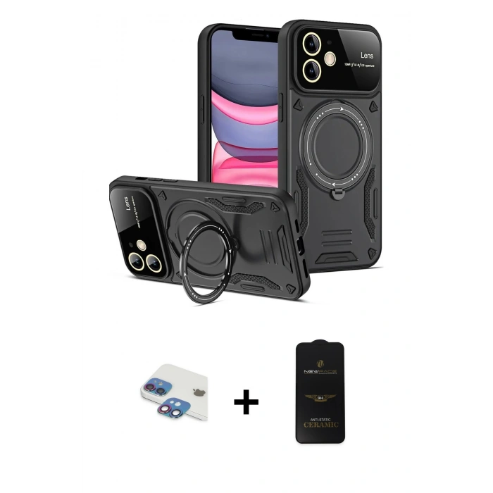 MARSİLYAN™- iPhone 11 Kılıf Kıvılcım Modern Serisi - Siyah 6D Antistatik Mat Seramik Hayalet Nano Ekran Koruyucu + Pers Alüminyum Kamera Lens - GI