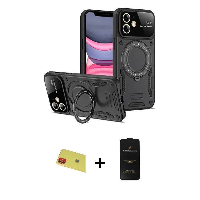 MARSİLYAN™- iPhone 11 Kılıf Kıvılcım Modern Serisi - Siyah 6D Antistatik Mat Seramik Hayalet Nano Ekran Koruyucu + Kırmızı Rainbow Kamera Lens Koruma Cam