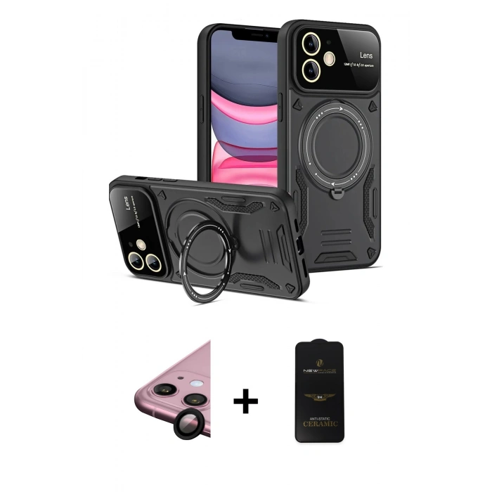 MARSİLYAN™- iPhone 11 Kılıf Kıvılcım Modern Serisi - Siyah 6D Antistatik Mat Seramik Hayalet Nano Ekran Koruyucu + Raze Metal Kamera Lens - SH