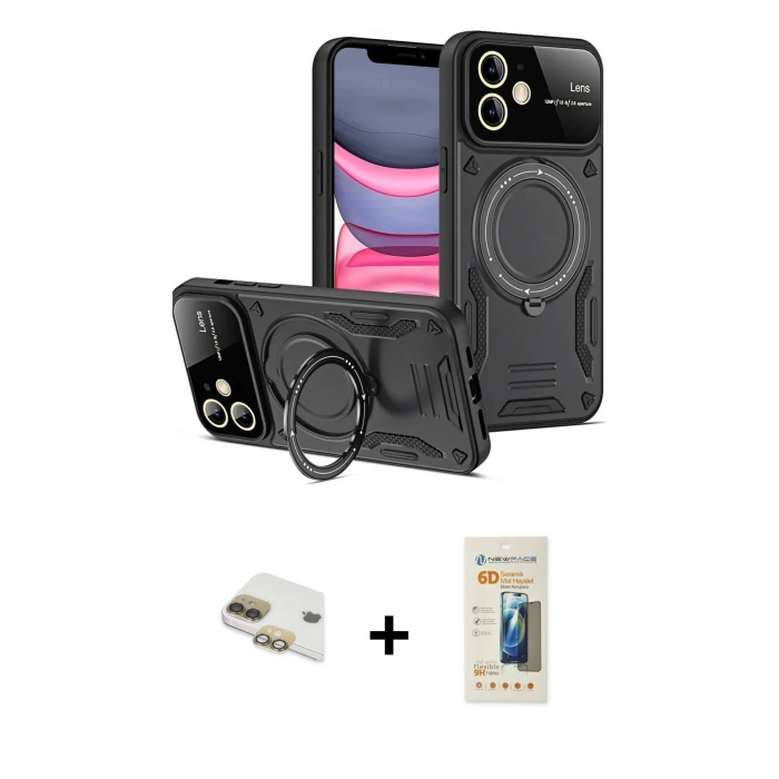 MARSİLYAN™- iPhone 11 Kılıf Kıvılcım Modern Serisi - Siyah 6D Mat Seramik Hayalet Nano Ekran Koruyucu + Pers Alüminyum Kamera Lens - GD