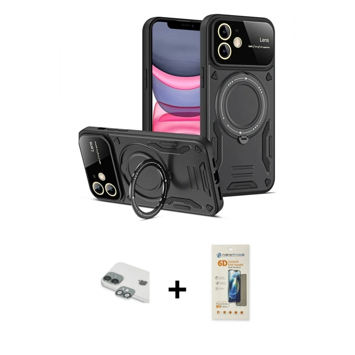 MARSİLYAN™- iPhone 11 Kılıf Kıvılcım Modern Serisi - Siyah 6D Mat Seramik Hayalet Nano Ekran Koruyucu + Pers Alüminyum Kamera Lens - YL