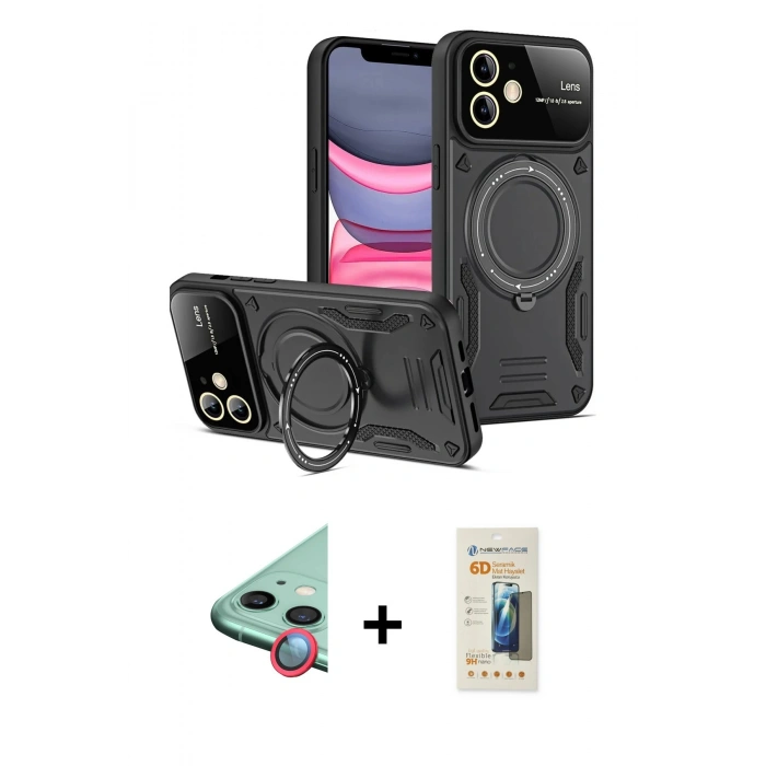 MARSİLYAN™- iPhone 11 Kılıf Kıvılcım Modern Serisi - Siyah 6D Mat Seramik Hayalet Nano Ekran Koruyucu + Raze Metal Kamera Lens - KI