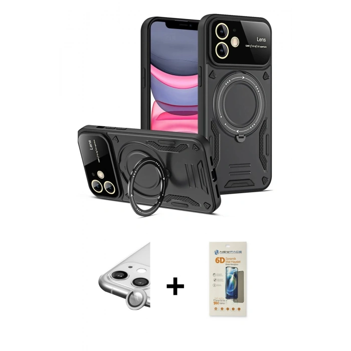 MARSİLYAN™- iPhone 11 Kılıf Kıvılcım Modern Serisi - Siyah 6D Mat Seramik Hayalet Nano Ekran Koruyucu + Raze Metal Kamera Lens - GS