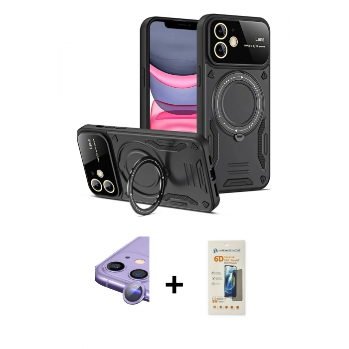 MARSİLYAN™- iPhone 11 Kılıf Kıvılcım Modern Serisi - Siyah 6D Mat Seramik Hayalet Nano Ekran Koruyucu + Raze Metal Kamera Lens - MR