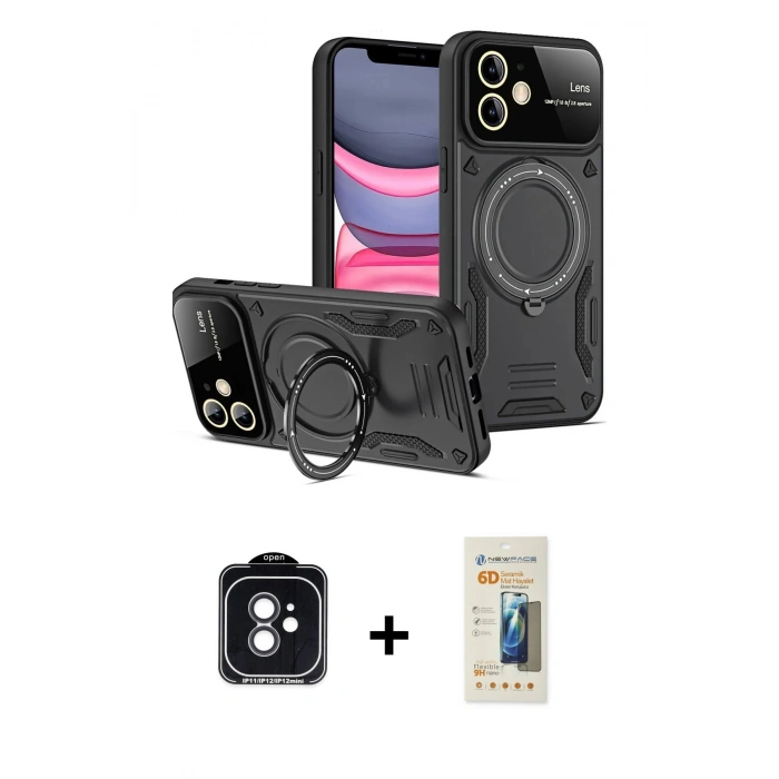 MARSİLYAN™- iPhone 11 Kılıf Kıvılcım Modern Serisi - Siyah 6D Mat Seramik Hayalet Nano Ekran Koruyucu + PVD Metal Kamera Lens - SH