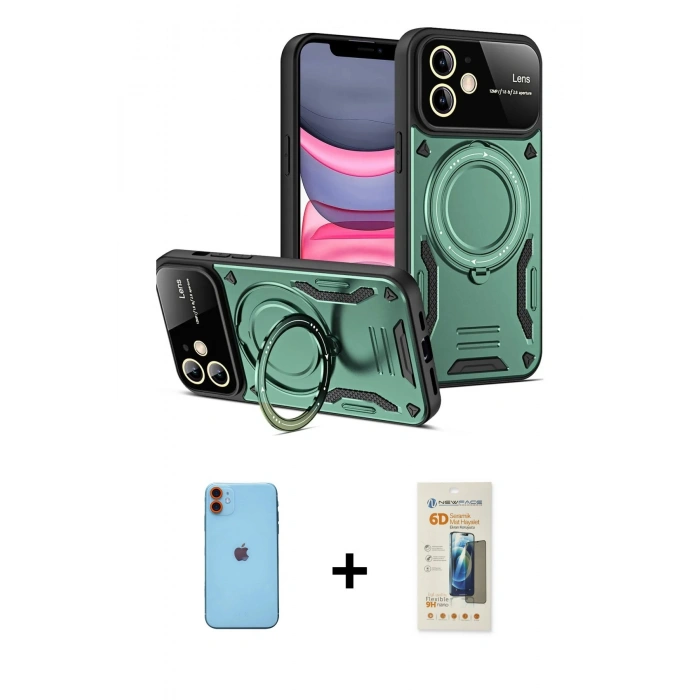 MARSİLYAN™- iPhone 11 Kılıf Kıvılcım Modern Serisi - Siyah 6D Mat Seramik Hayalet Nano Ekran Koruyucu + Neon Fosforlu Kamera Lens - TU