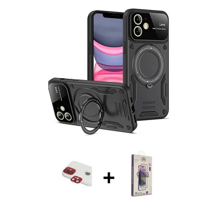 MARSİLYAN™- iPhone 11 Kılıf Kıvılcım Modern Serisi - Siyah Bilvis 3D Cam Ekran Koruyucu + Pers Alüminyum Kamera Lens - KI