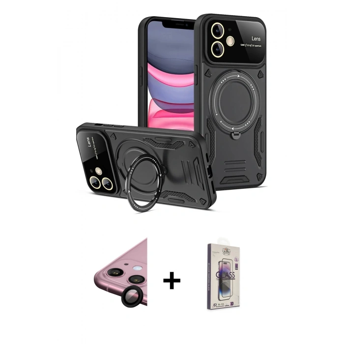 MARSİLYAN™- iPhone 11 Kılıf Kıvılcım Modern Serisi - Siyah Bilvis 3D Cam Ekran Koruyucu + Raze Metal Kamera Lens - SH
