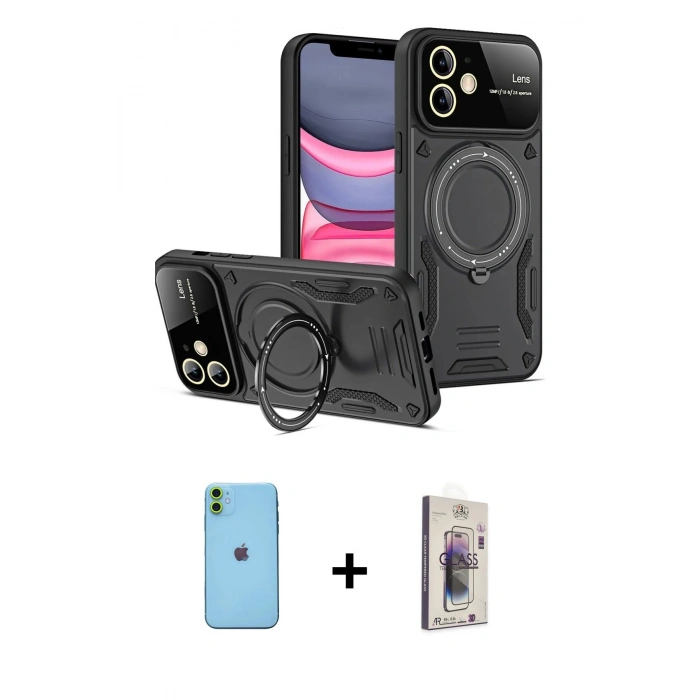 MARSİLYAN™- iPhone 11 Kılıf Kıvılcım Modern Serisi - Siyah Bilvis 3D Cam Ekran Koruyucu + Neon Fosforlu Kamera Lens - YL