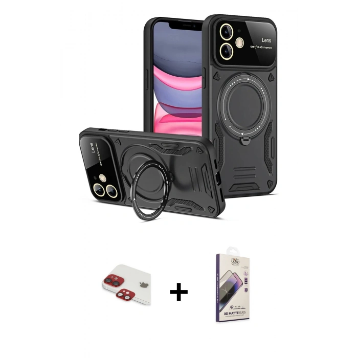 MARSİLYAN™- iPhone 11 Kılıf Kıvılcım Modern Serisi - Siyah Bilvis 3D Mat Cam Ekran Koruyucu + Pers Alüminyum Kamera Lens - KI