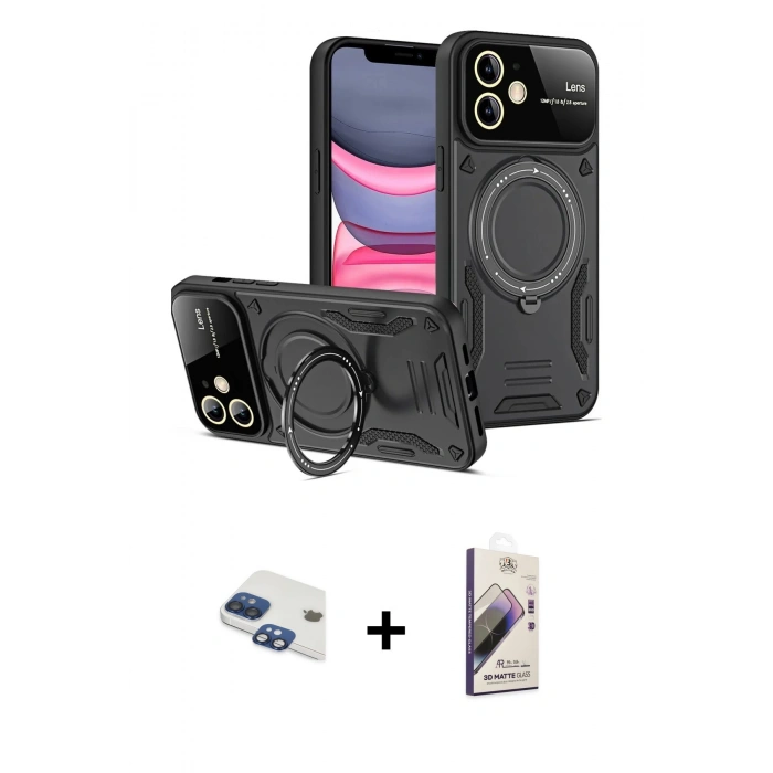 MARSİLYAN™- iPhone 11 Kılıf Kıvılcım Modern Serisi - Siyah Bilvis 3D Mat Cam Ekran Koruyucu + Pers Alüminyum Kamera Lens - LT