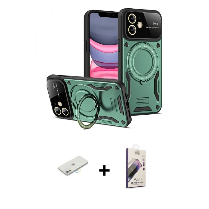 MARSİLYAN™- iPhone 11 Kılıf Kıvılcım Modern Serisi - Siyah Bilvis 3D Mat Cam Ekran Koruyucu + Renkli Kamera Lens Koruma Cam - SI