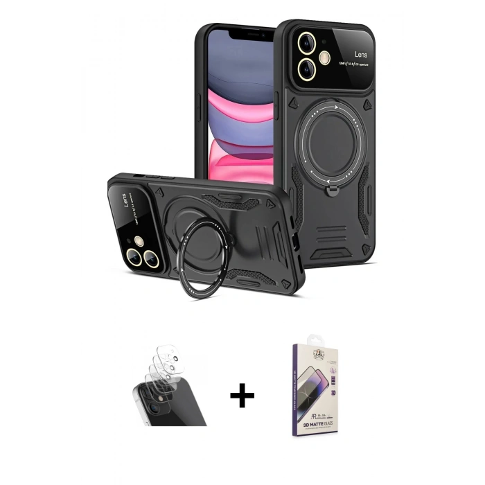 MARSİLYAN™- iPhone 11 Kılıf Kıvılcım Modern Serisi - Siyah Bilvis 3D Mat Cam Ekran Koruyucu + Şeffaf Kamera Lens Koruma Cam