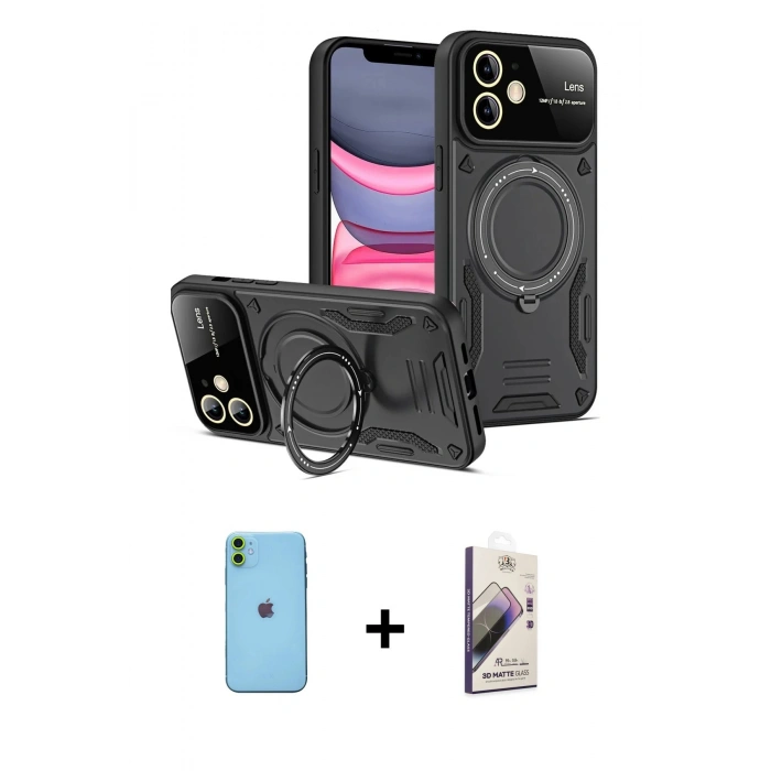 MARSİLYAN™- iPhone 11 Kılıf Kıvılcım Modern Serisi - Siyah Bilvis 3D Mat Cam Ekran Koruyucu + Neon Fosforlu Kamera Lens - YL