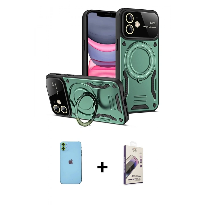 MARSİLYAN™- iPhone 11 Kılıf Kıvılcım Modern Serisi - Siyah Bilvis 3D Mat Cam Ekran Koruyucu + Neon Fosforlu Kamera Lens - YL