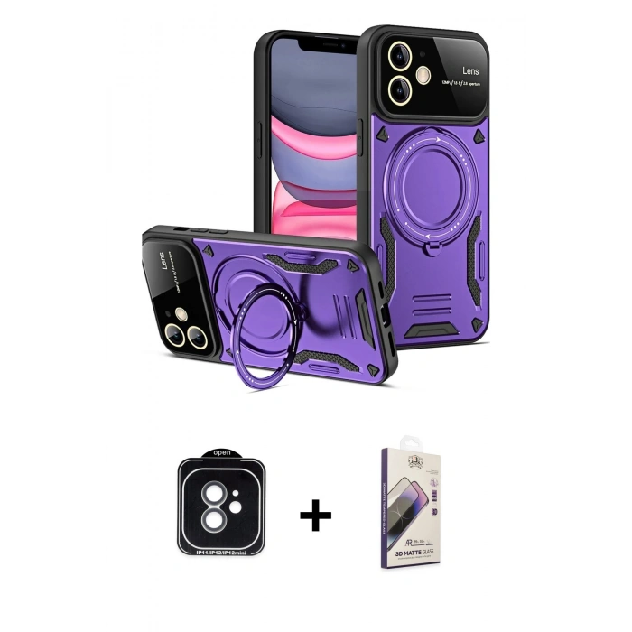 MARSİLYAN™- iPhone 11 Kılıf Kıvılcım Modern Serisi - Siyah Bilvis 3D Mat Cam Ekran Koruyucu + PVD Metal Kamera Lens - YL