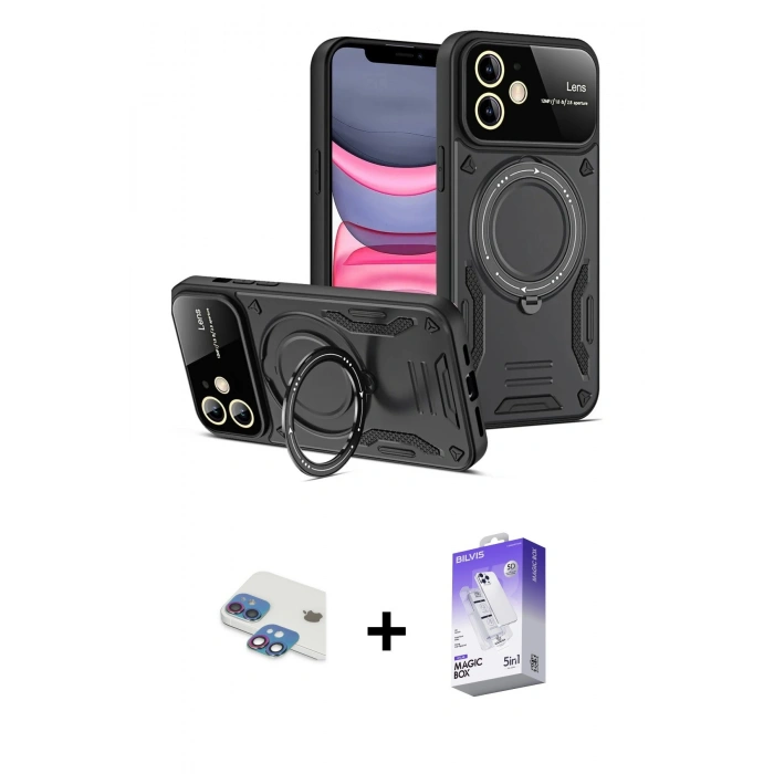 MARSİLYAN™- iPhone 11 Kılıf Kıvılcım Modern Serisi - Siyah Bilvis 5in1 3D Magic Cam Ekran Koruyucu + Gökkuşağı Pers Alüminyum Kamera Lens