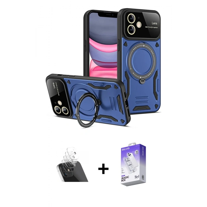 MARSİLYAN™- iPhone 11 Kılıf Kıvılcım Modern Serisi - Siyah Bilvis 5in1 3D Magic Cam Ekran Koruyucu + Kamera Lens Koruma Cam - SF