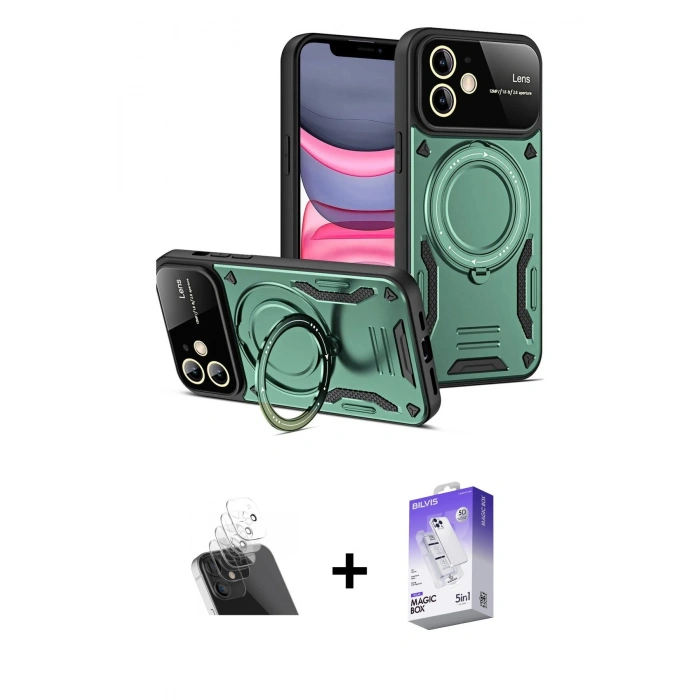 MARSİLYAN™- iPhone 11 Kılıf Kıvılcım Modern Serisi - Siyah Bilvis 5in1 3D Magic Cam Ekran Koruyucu + Kamera Lens Koruma Cam - SF