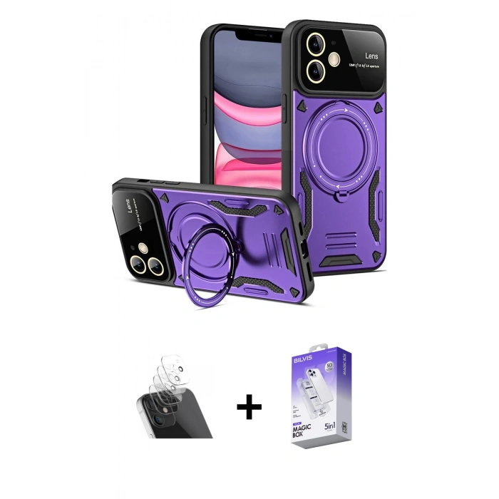 MARSİLYAN™- iPhone 11 Kılıf Kıvılcım Modern Serisi - Siyah Bilvis 5in1 3D Magic Cam Ekran Koruyucu + Kamera Lens Koruma Cam - SF