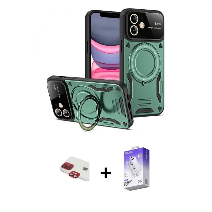 MARSİLYAN™- iPhone 11 Kılıf Kıvılcım Modern Serisi - Siyah Bilvis 5in1 3D Magic Cam Ekran Koruyucu + Kırmızı Pers Alüminyum Kamera Lens