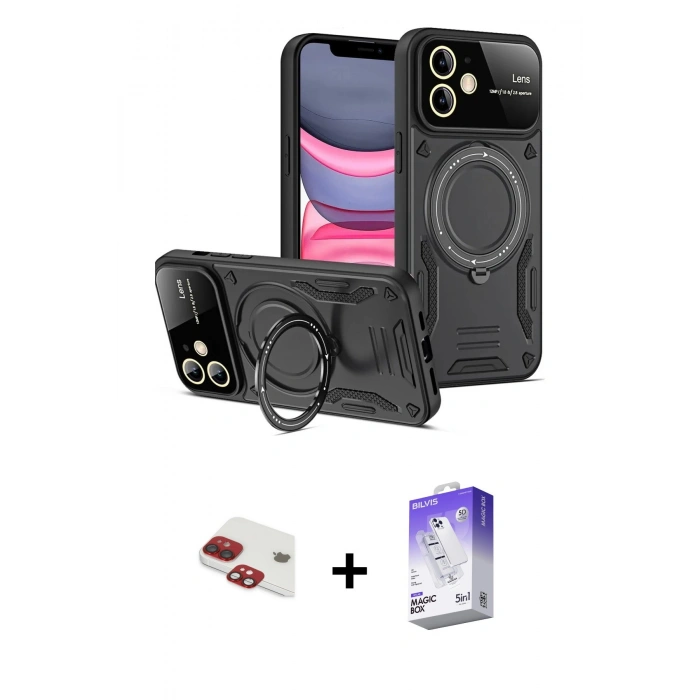 MARSİLYAN™- iPhone 11 Kılıf Kıvılcım Modern Serisi - Siyah Bilvis 5in1 3D Magic Cam Ekran Koruyucu + Kırmızı Pers Alüminyum Kamera Lens