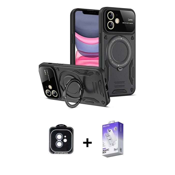 MARSİLYAN™- iPhone 11 Kılıf Kıvılcım Modern Serisi - Siyah Bilvis 5in1 3D Magic Cam Ekran Koruyucu + Mavi PVD Metal Kamera Lens