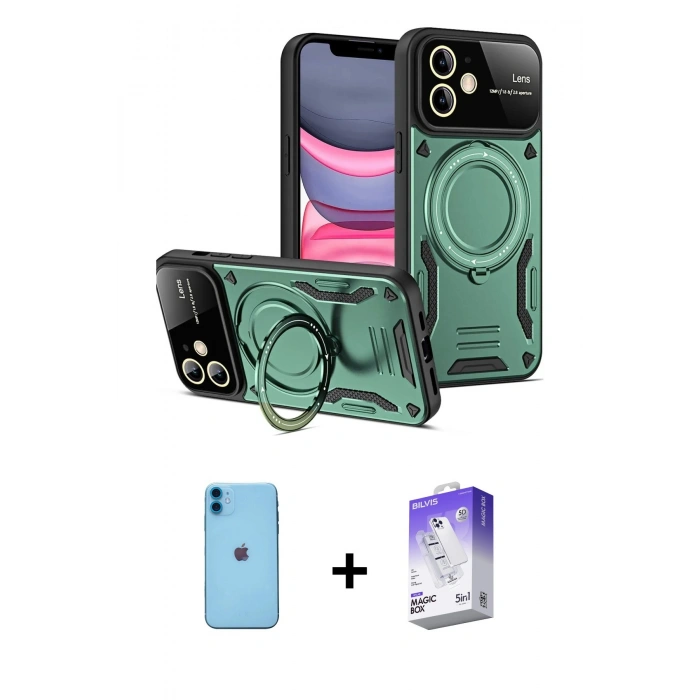 MARSİLYAN™- iPhone 11 Kılıf Kıvılcım Modern Serisi - Siyah Bilvis 5in1 3D Magic Cam Ekran Koruyucu + Neon Fosforlu Kamera Lens - MI
