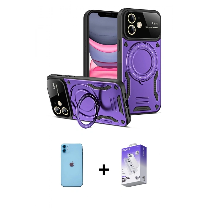 MARSİLYAN™- iPhone 11 Kılıf Kıvılcım Modern Serisi - Siyah Bilvis 5in1 3D Magic Cam Ekran Koruyucu + Neon Fosforlu Kamera Lens - MI