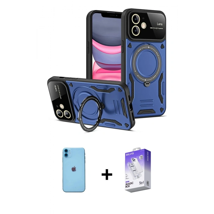 MARSİLYAN™- iPhone 11 Kılıf Kıvılcım Modern Serisi - Siyah Bilvis 5in1 3D Magic Cam Ekran Koruyucu + Neon Fosforlu Kamera Lens - MI