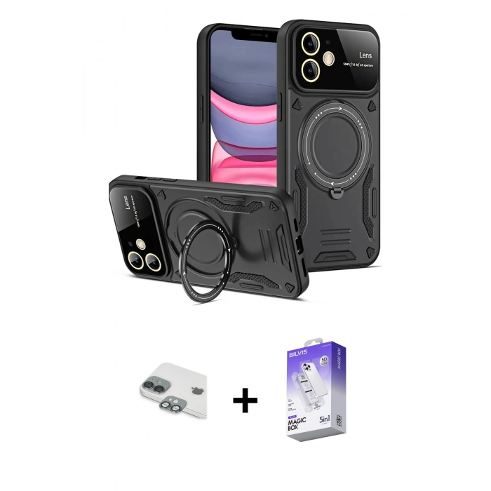 MARSİLYAN™- iPhone 11 Kılıf Kıvılcım Modern Serisi - Siyah Bilvis 5in1 3D Magic Cam Ekran Koruyucu + Pers Alüminyum Kamera Lens - YL